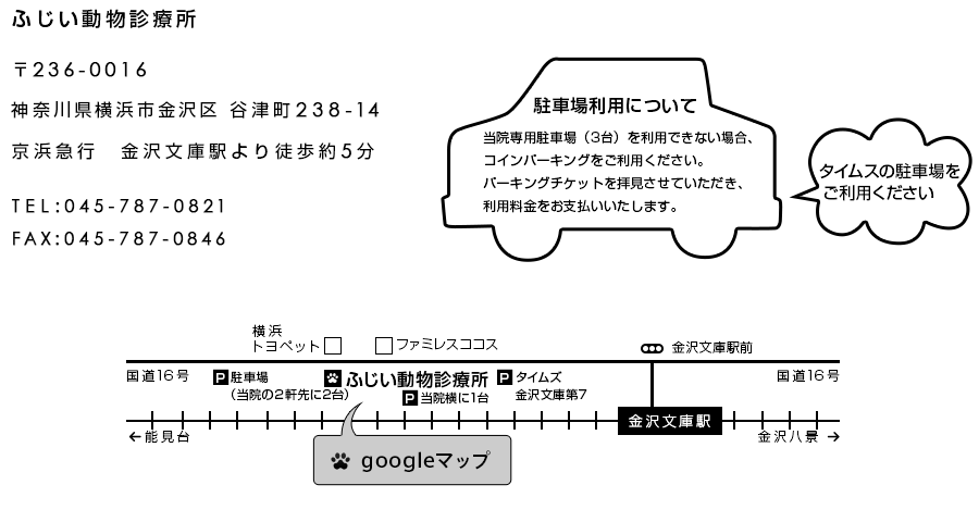 藤井動物病院　神奈川県横浜市金沢区 谷津町238-14　TEL:045-787-0821　FAL:045-787-0846